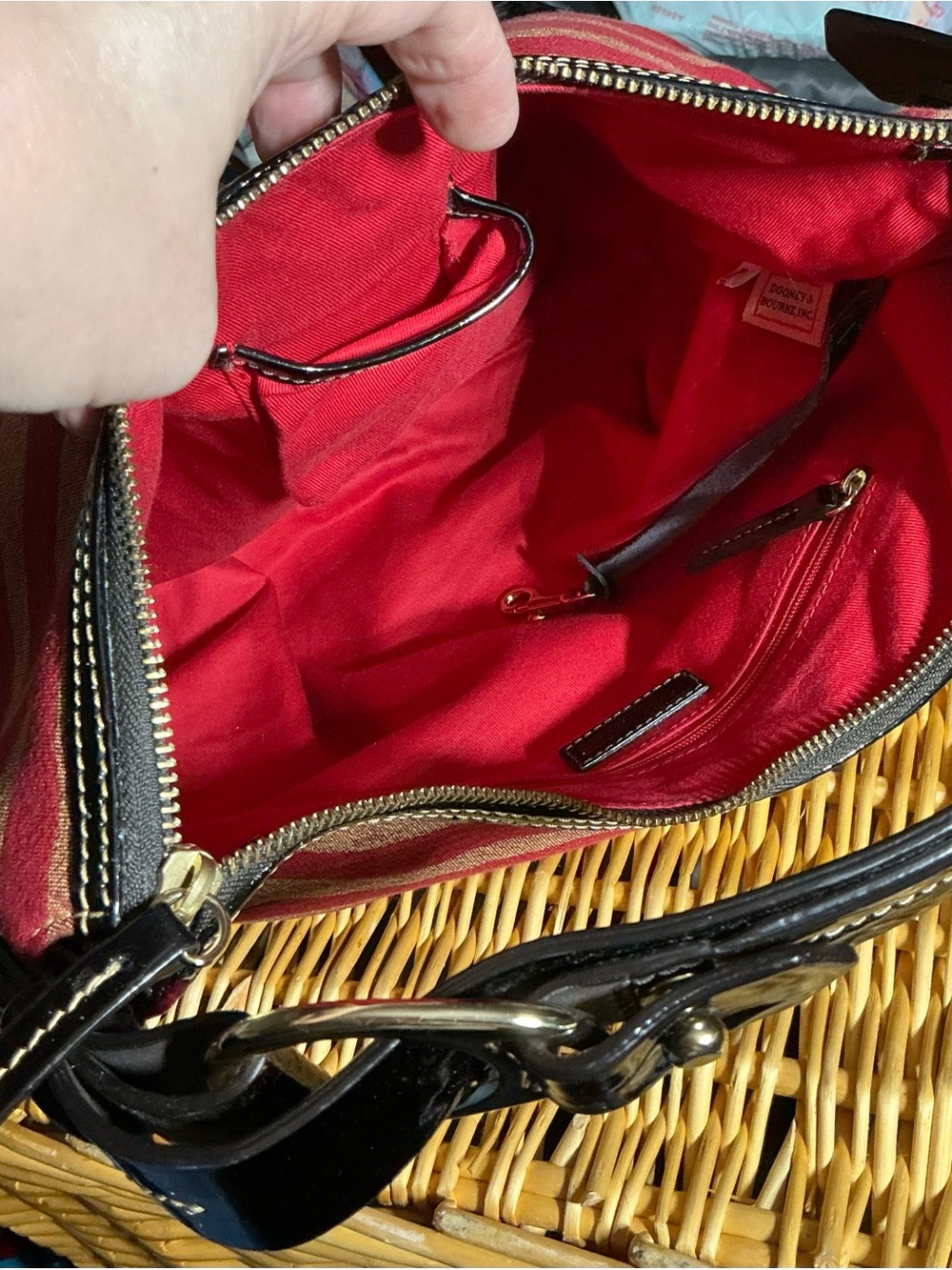 Dooney & Bourke Red and Beige Zebra Stripe Tote with Patent Black Trim - Picture 16 of 16